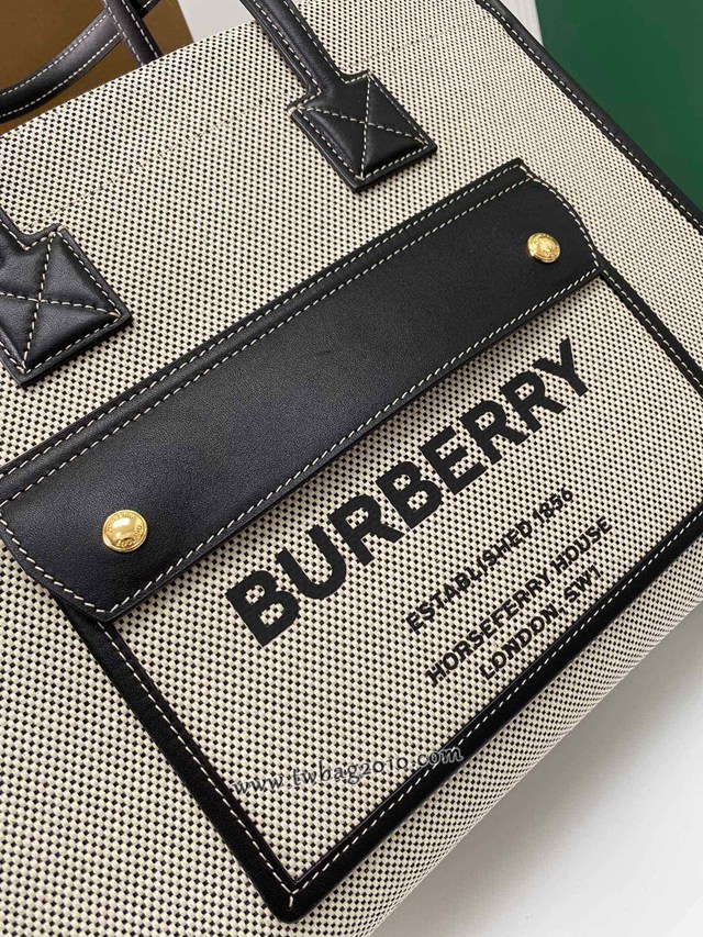 Burberry專門店新款手提女包購物袋 巴寶莉中號雙色帆布拼皮皮革Freya義大利精製托特包 yxb1287